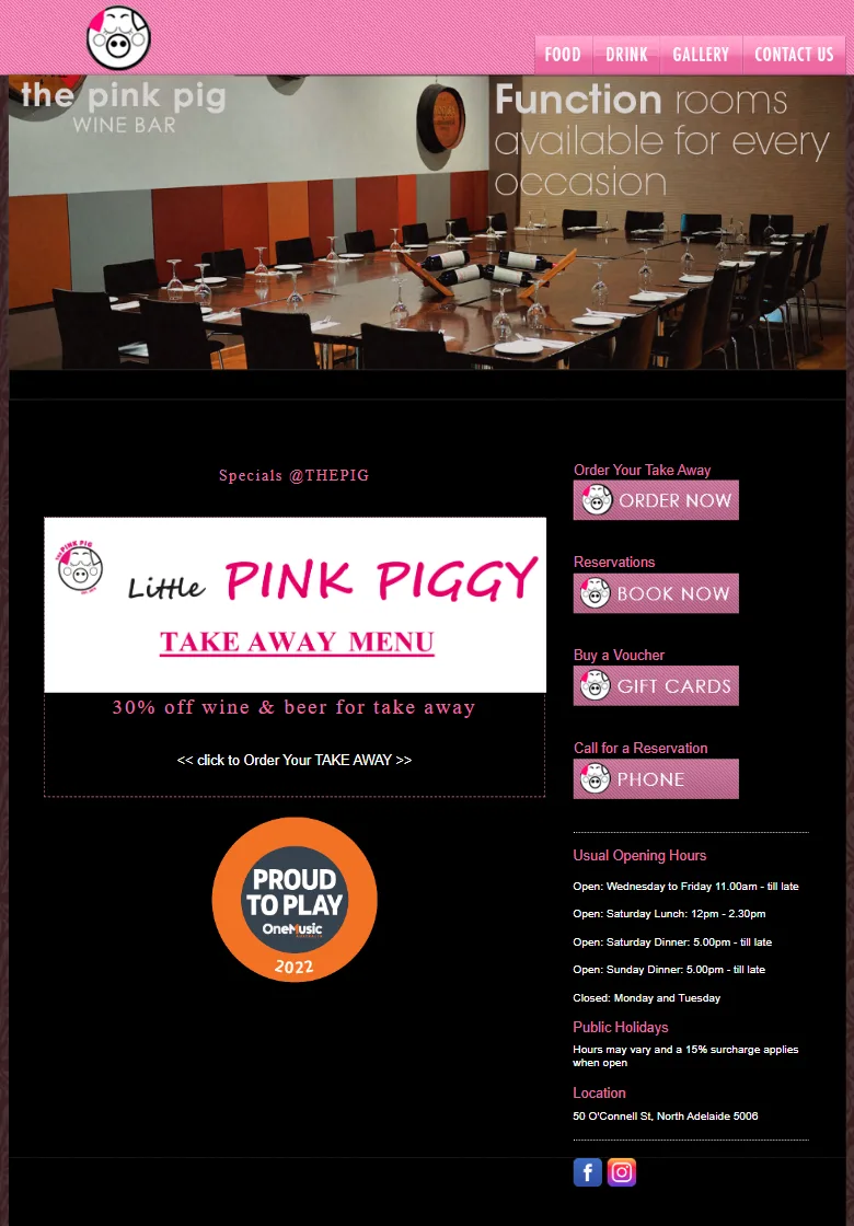 The current Pink Pig Wine Bar website on a phone, showing the desktop page shrunk to fit